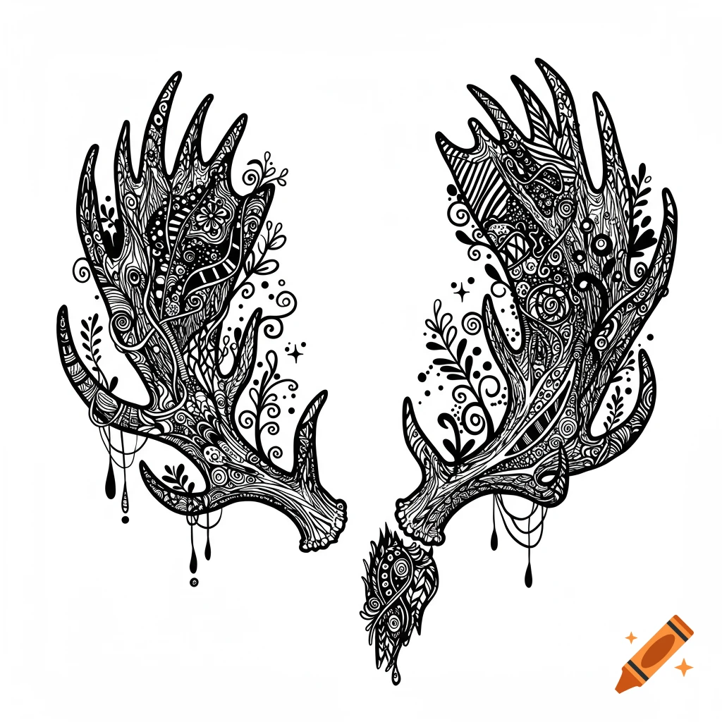 Two highly detailed black and white stylized moose antlers filled with intricate zentangle and botanical patterns.