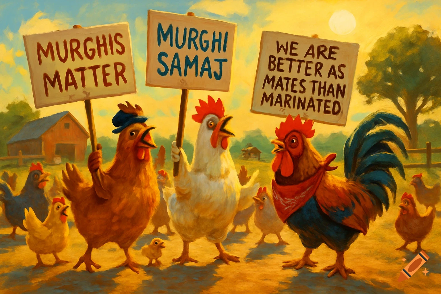 Cartoon chickens protest on a farm, holding signs: "Murghis Matter", "Murghi Samaj", and "We are better as Mates than Marinated".