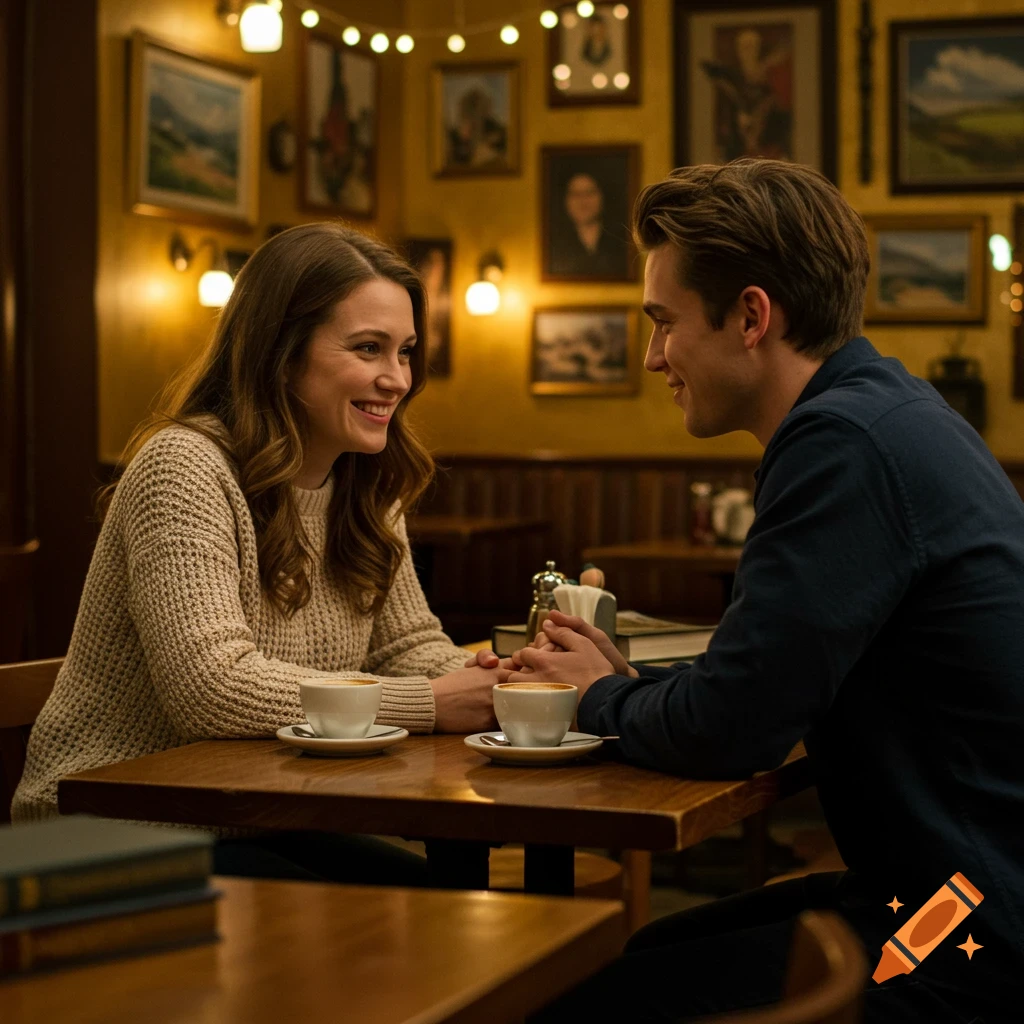 A man and woman hold hands and smile at each other across a table in a cozy, dimly lit cafe, enjoying coffee.