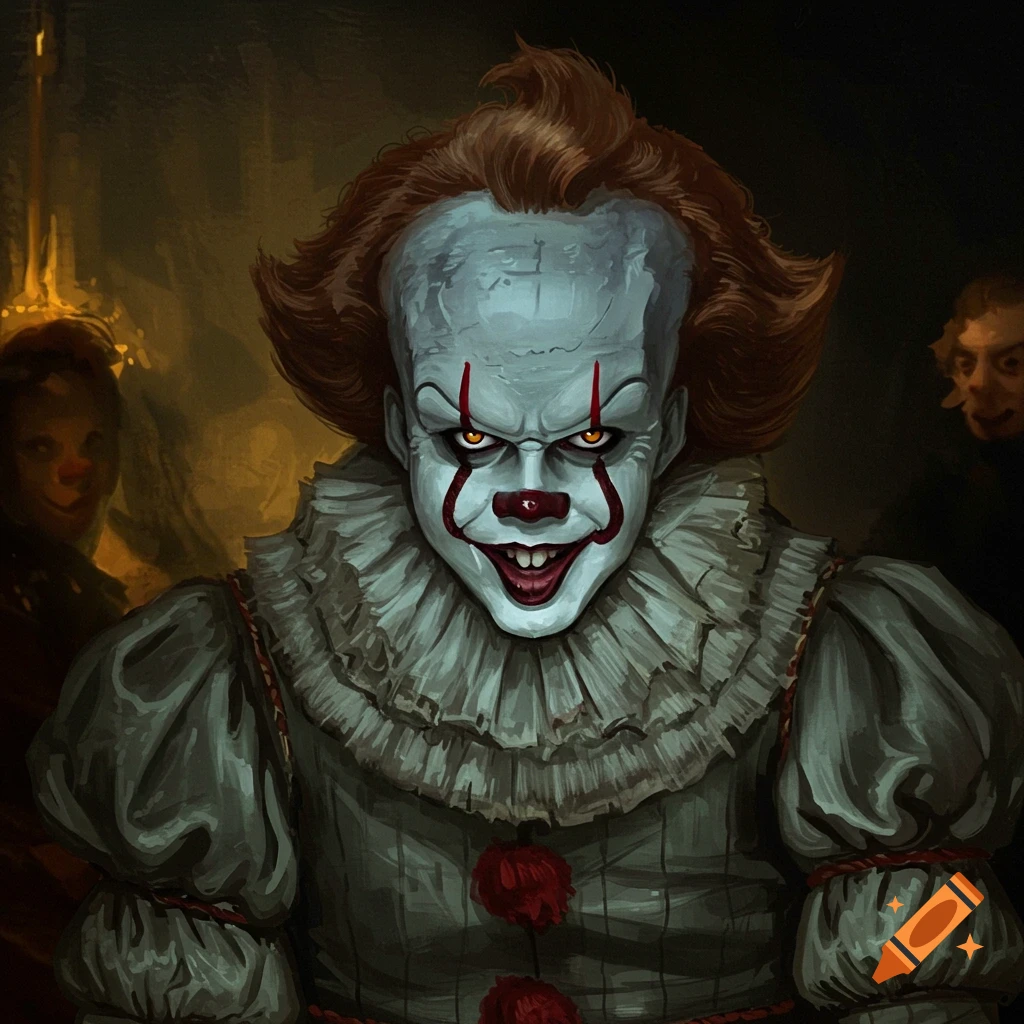 Close-up painting of Pennywise, the clown from IT, with a menacing smile and glowing yellow eyes, in a dark, detailed painterly style.
