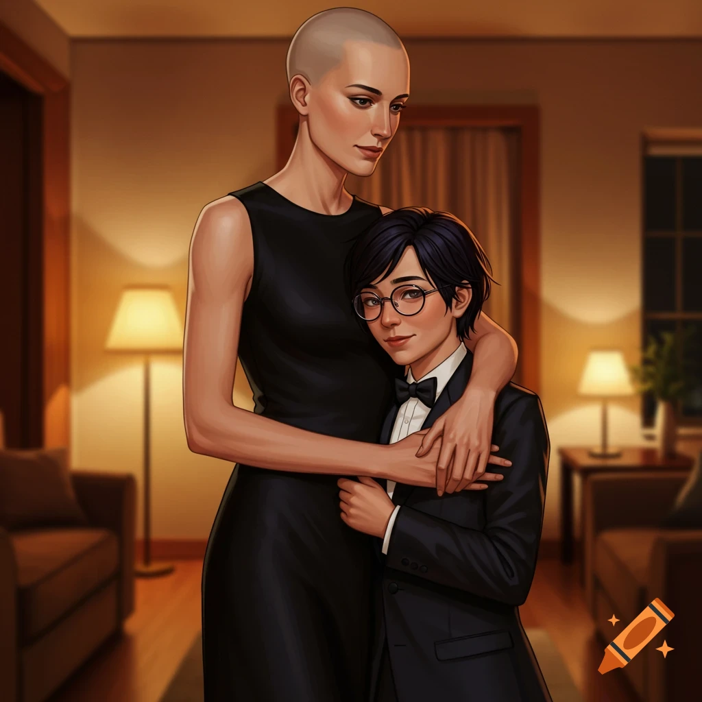 Digital illustration of a bald woman in a black dress embracing a shorter woman in a tuxedo and glasses indoors.