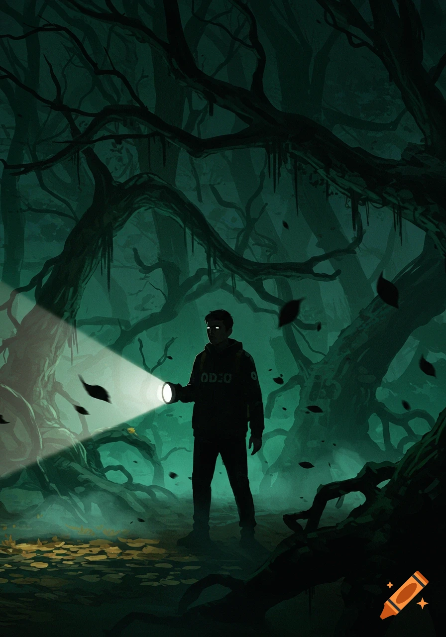 A shadowy figure with glowing eyes holds a flashlight in a dark, twisted, atmospheric forest.
