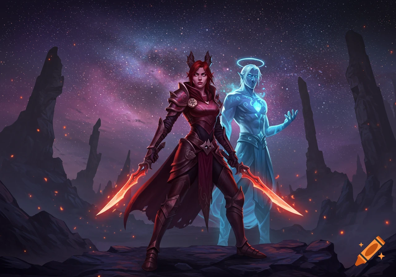 A horned warrior woman with glowing red swords and a translucent blue male spirit with a halo on a rocky alien landscape under a starry sky.