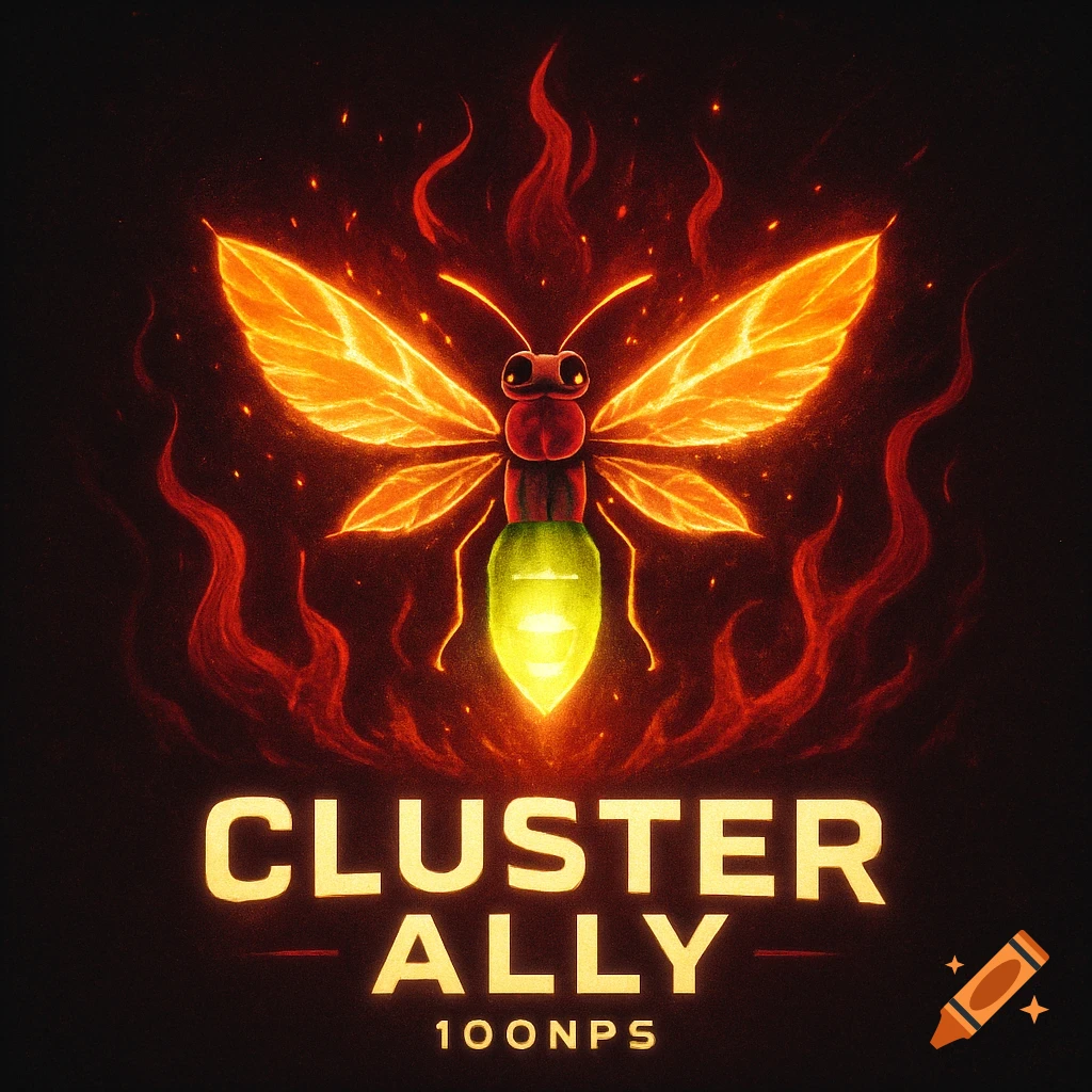 Stylized logo of a glowing firefly with fiery wings and a red-green body, surrounded by red flames. Text reads "CLUSTER ALLY 100NPS".