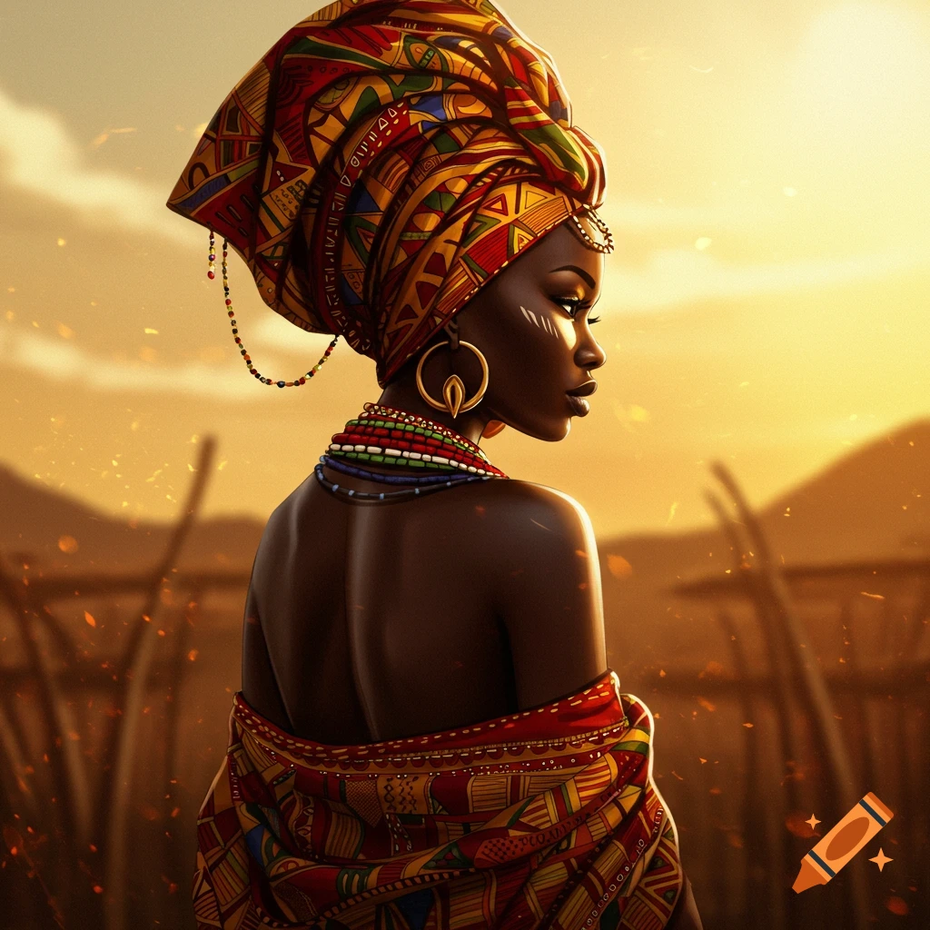 A Black woman in vibrant traditional African attire and headwrap, seen from behind, looking over her shoulder at a golden sunset.