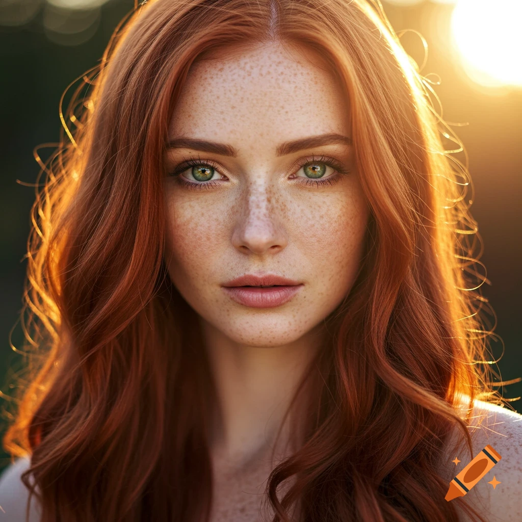 Photorealistic close-up portrait of a striking redhead woman with green eyes and freckles, bathed in warm sunlight.