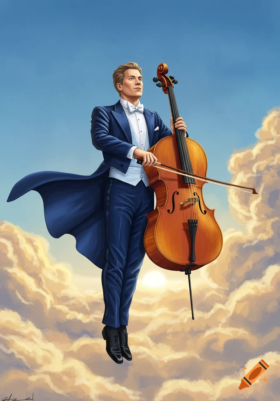 An illustrated man in a blue tuxedo floats in a bright blue sky among golden clouds, holding a cello and bow.
