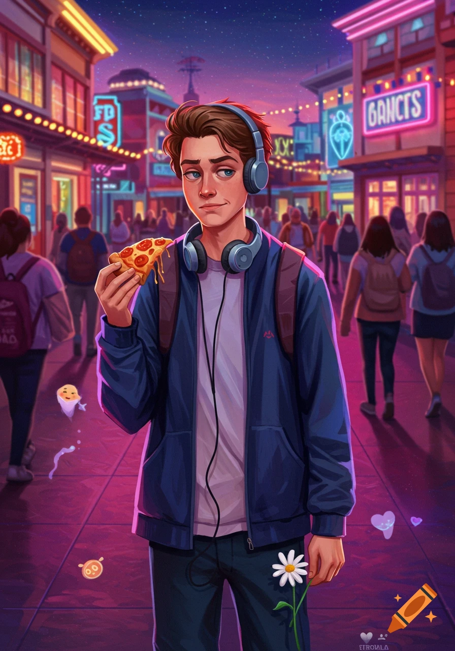 An illustrated high school boy with headphones eats pizza while holding a daisy on a vibrant, neon-lit city street at night.