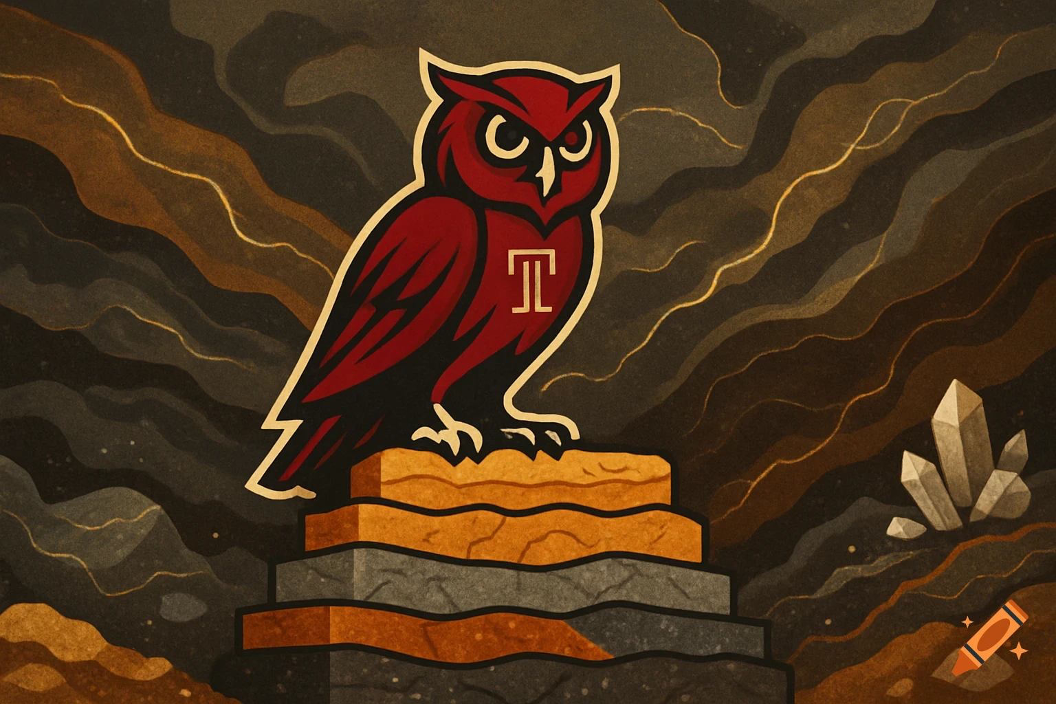 A stylized red owl with a 'T' symbol on its chest, perched on layered geological strata, with crystals in the background.