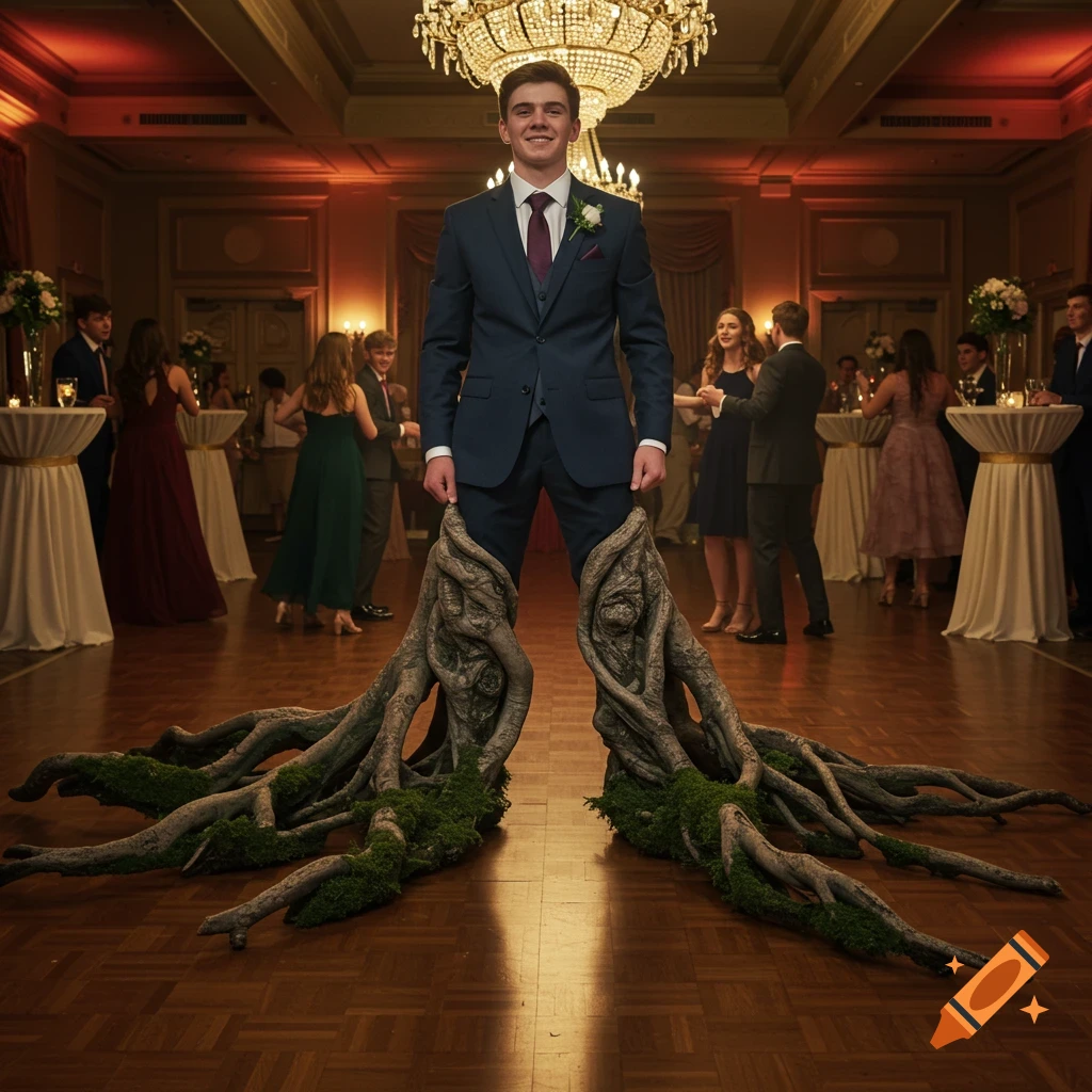 A smiling young man in a suit with tree roots instead of legs stands at a prom on a wooden dance floor.