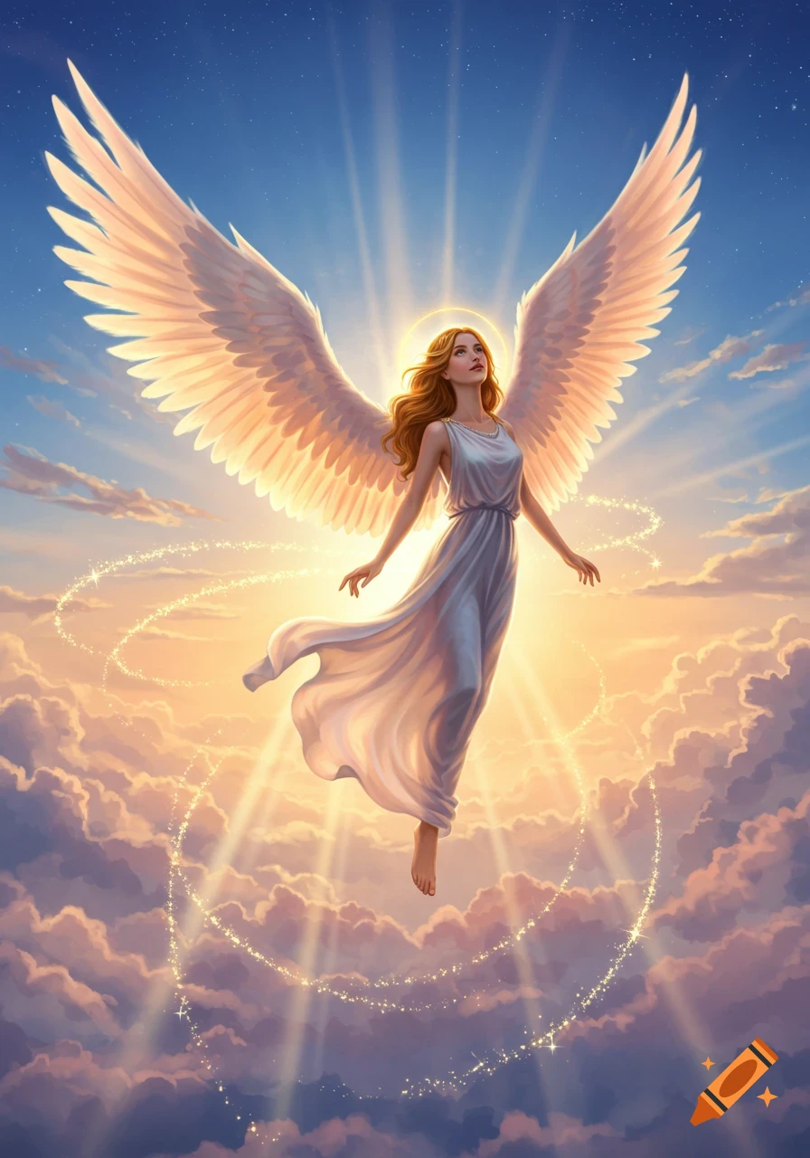 An ethereal angel with large white wings and a halo floats above clouds, bathed in golden light with sparkling trails.