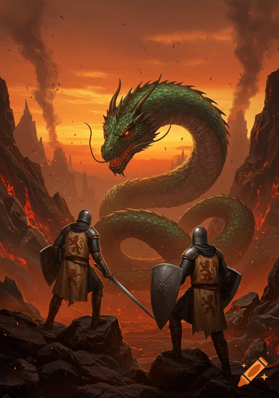 Two armored knights with shields and swords stand on rocky terrain, facing a massive green dragon in a fiery, volcanic landscape under an orange sky. Epic fantasy art.