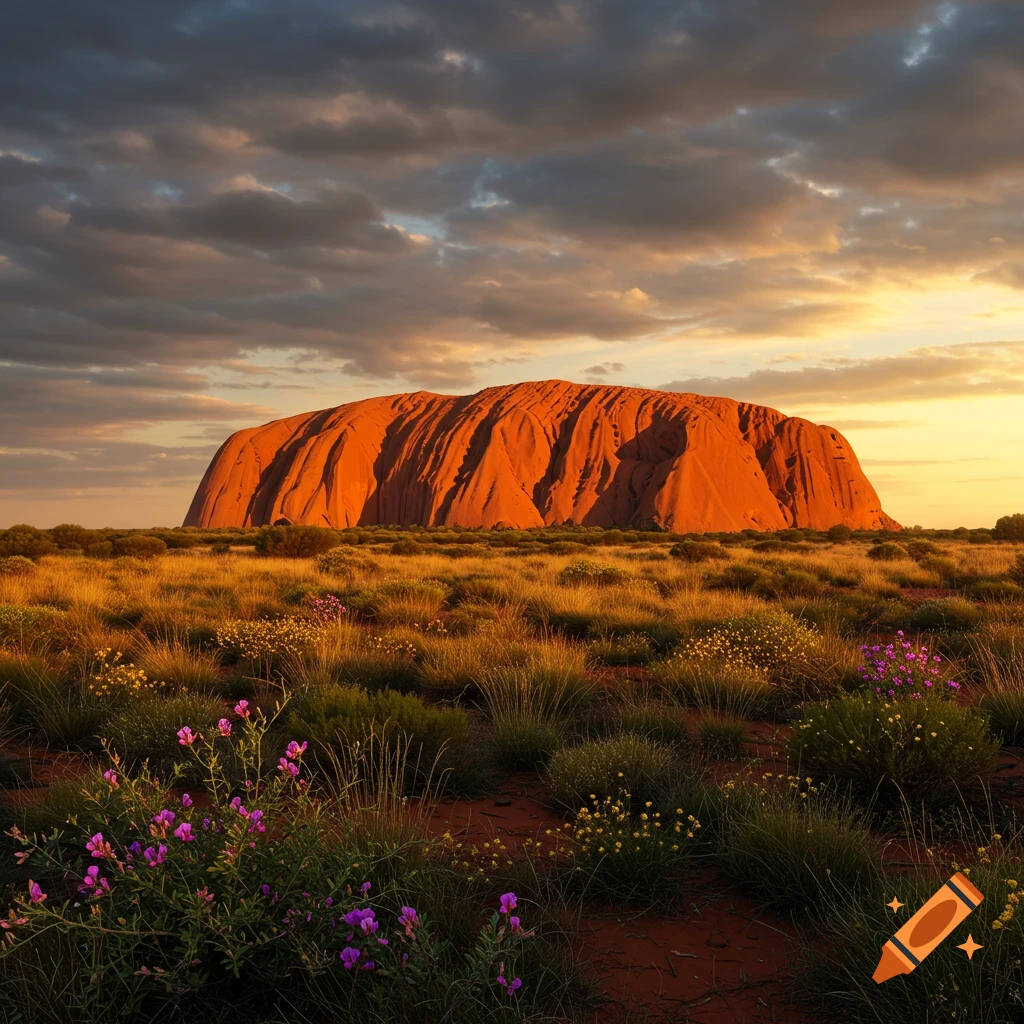 Photorealistic image of Uluru, a large red rock formation, bathed in golden sunset light. Wildflowers and grasses fill the foreground.