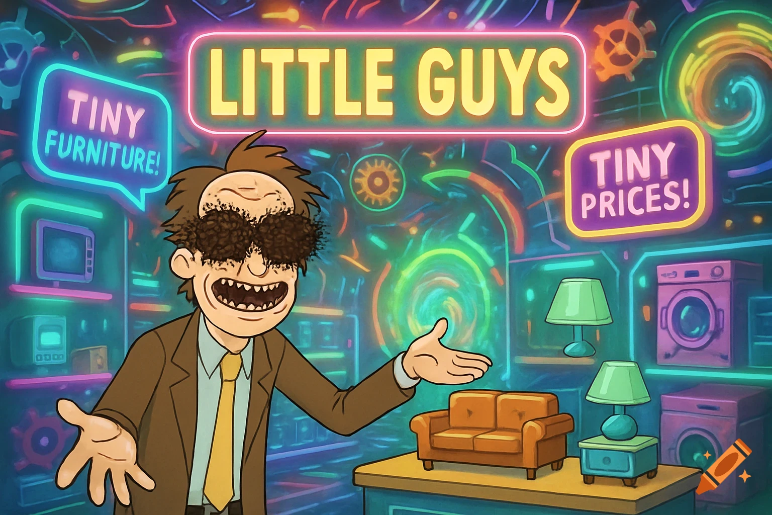 A Rick and Morty cartoon character with fuzzy dark eyes stands in a neon store with "LITTLE GUYS" and "TINY FURNITURE!" signs, gesturing towards miniature items.