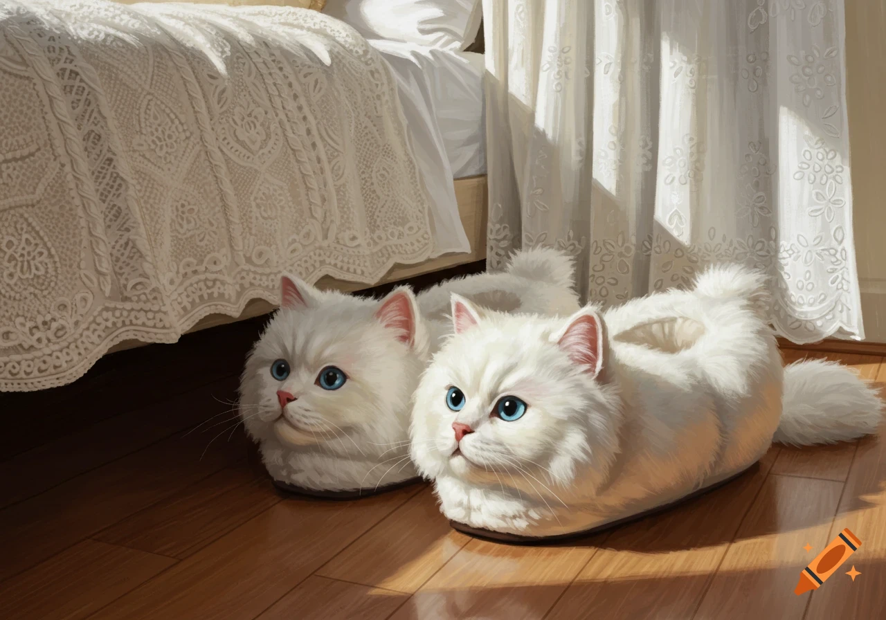 Two fluffy white Persian cat slippers with blue eyes rest on a wooden floor next to a bed with a lace bedspread, illuminated by sunlight.