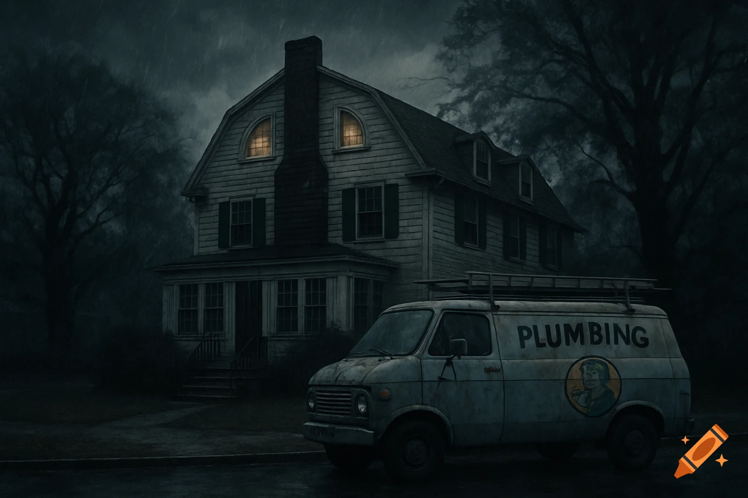A spooky old house in the rain with a plumber's van parked in front.
