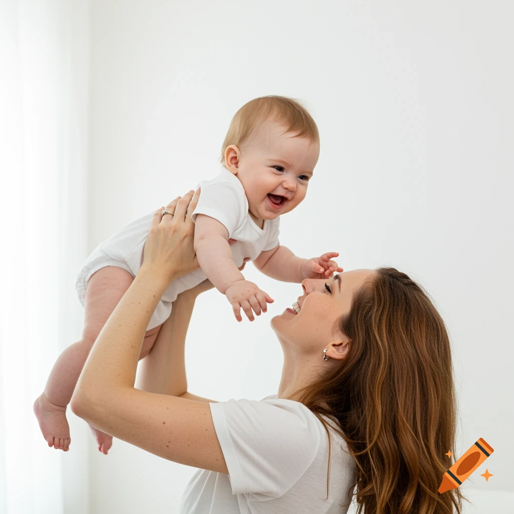 A joyous mother holds her laughing baby aloft against a white background in a photorealistic style.