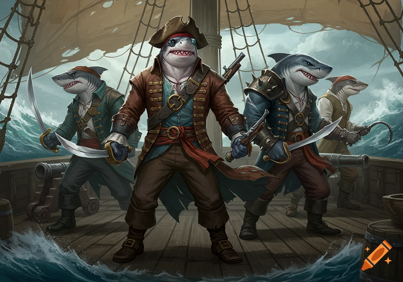Four anthropomorphic shark pirates in historical attire, armed with swords and a pistol, stand on a ship deck amidst stormy seas, digital painting.