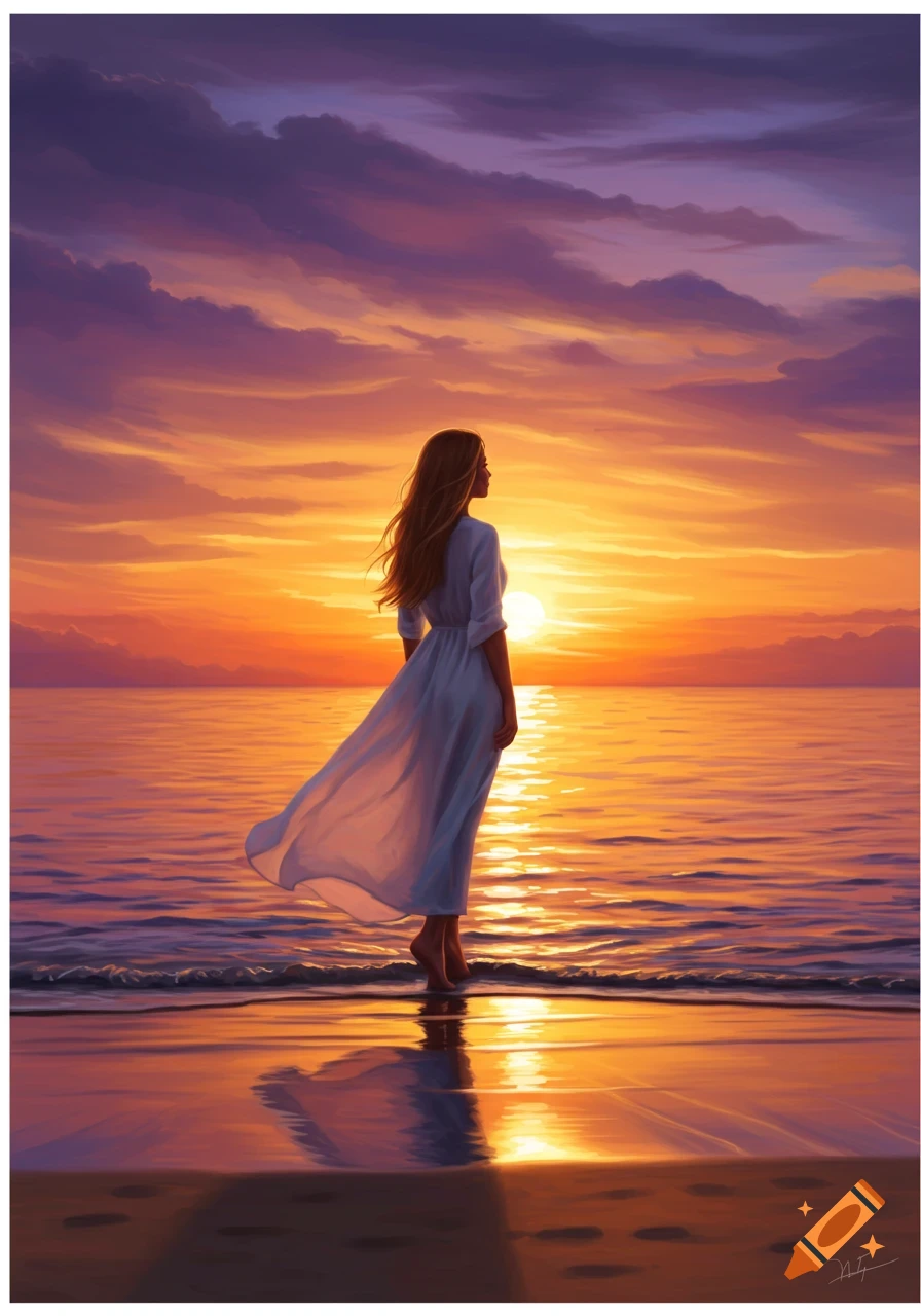 A woman in a white dress stands in shallow ocean water, gazing at a vibrant orange and purple sunset over the sea. Digital painting.