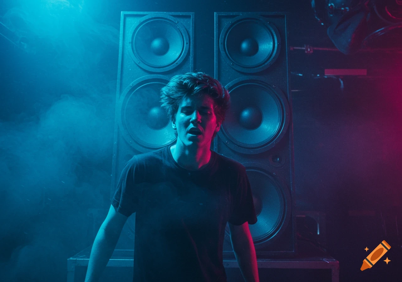A person with a wind-blown face stands in front of large speakers under dramatic blue and pink stage lighting.
