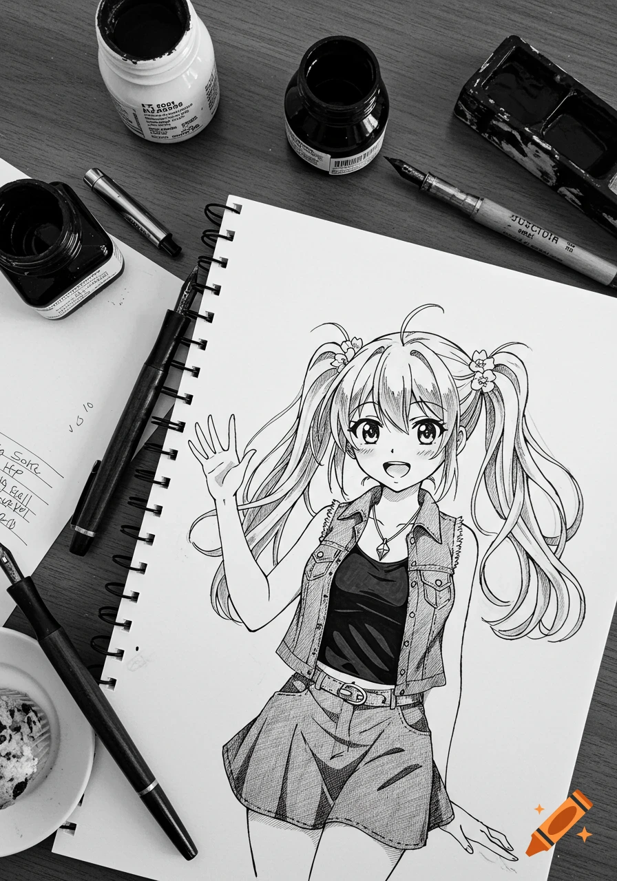 Black and white ink drawing of an anime girl with pigtails in a denim outfit on a sketchpad, surrounded by ink bottles, pens, and a muffin.