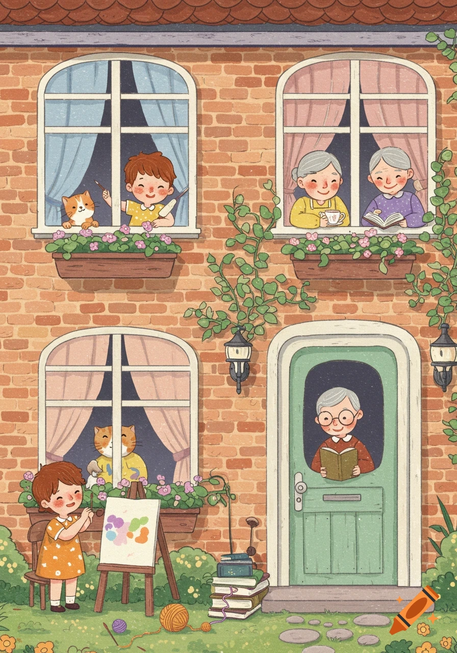 Whimsical illustration of a brick house with residents and cats in windows, and a child painting in the garden.
