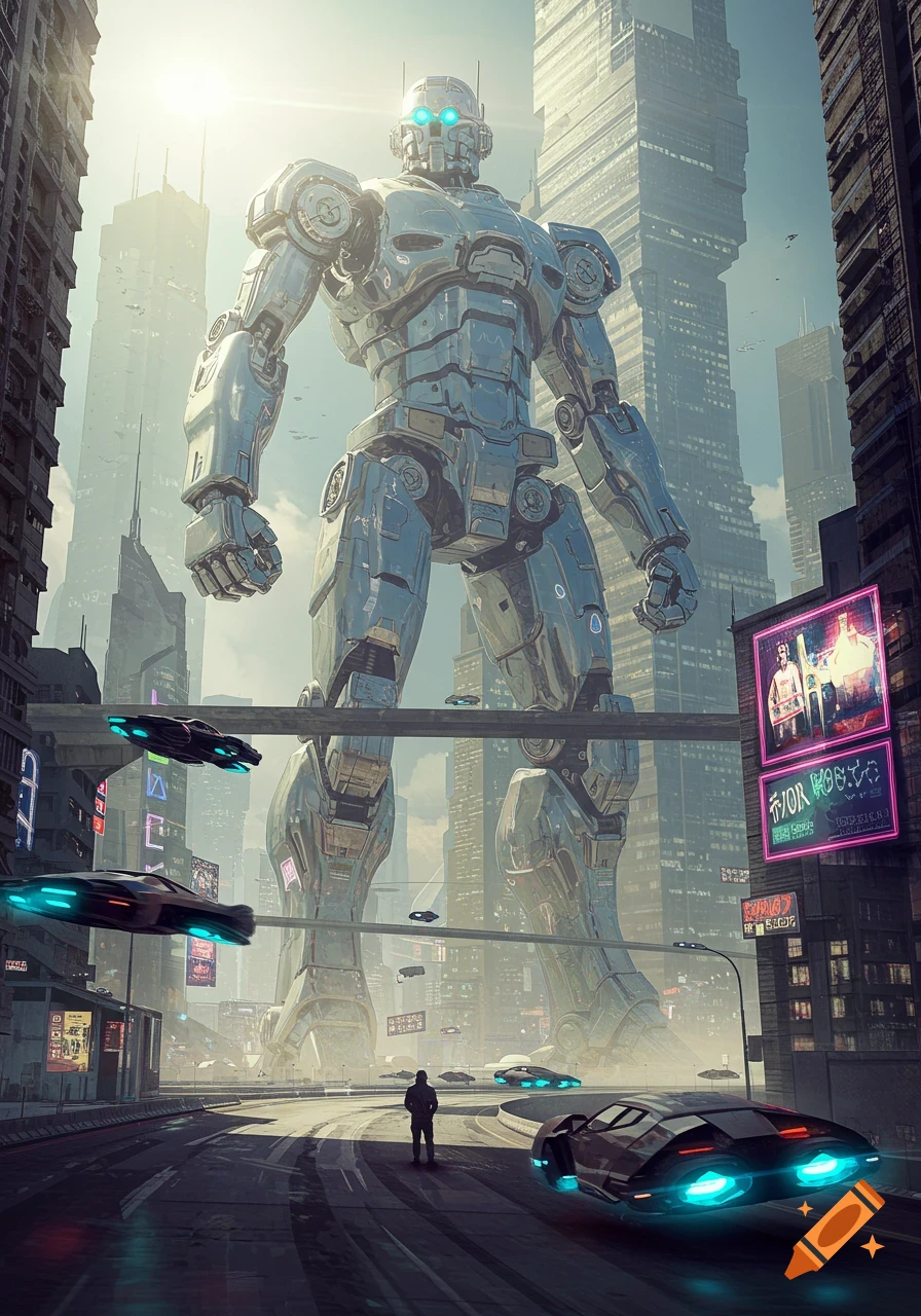 A colossal robot stands in the middle of a futuristic city street with flying cars, surrounded by skyscrapers and neon signs.