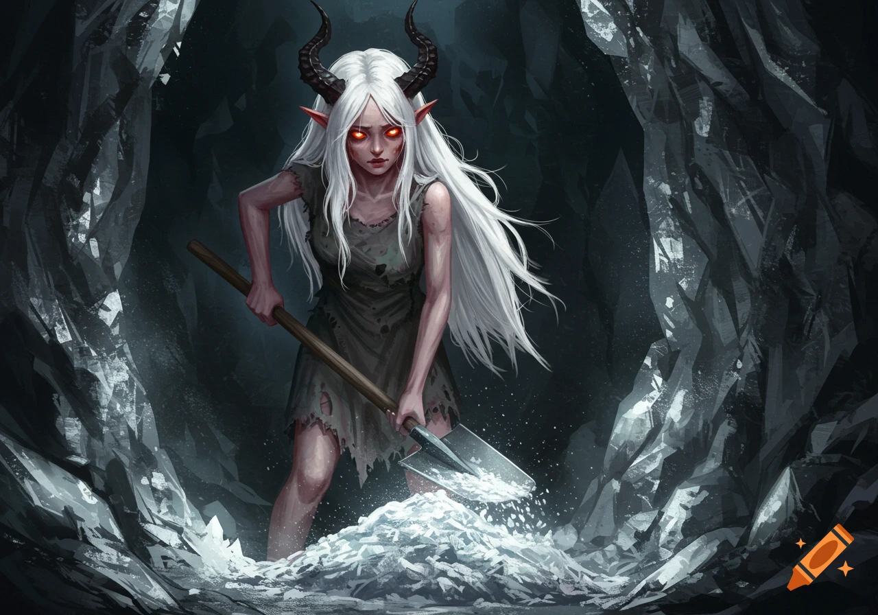 A white-haired demon-like woman with black horns and glowing red eyes shoveling white powder in a dark cave, in a dark fantasy art style.