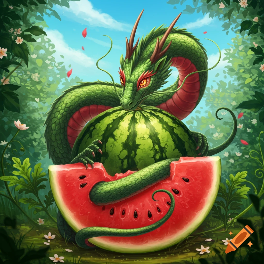 Vibrant illustration of a green fantasy dragon coiled around a large watermelon, biting into a slice in a lush jungle setting.