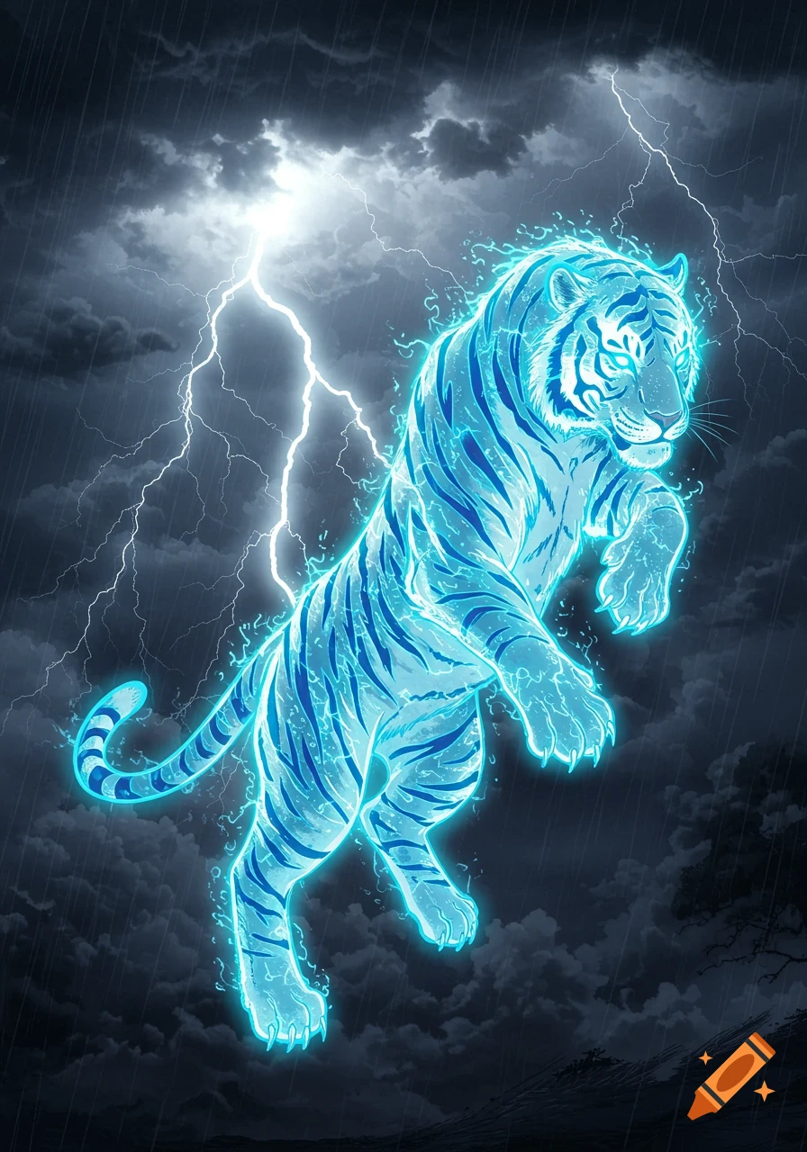 A vibrant blue electric tiger leaps against a dark, stormy sky with bright lightning and rain, in a dynamic manga comic style.