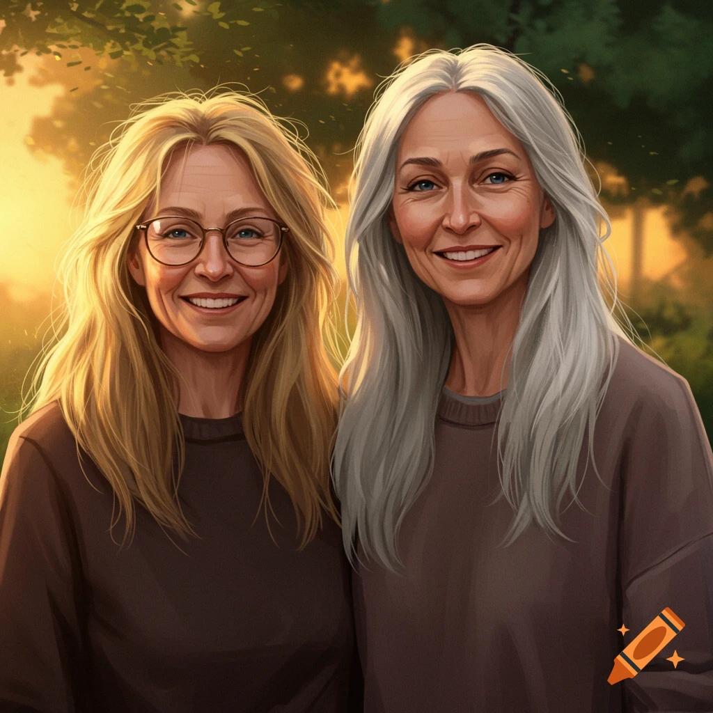 Two smiling middle-aged women, one with blonde hair and glasses, one with long grey hair, standing in a sunlit park.