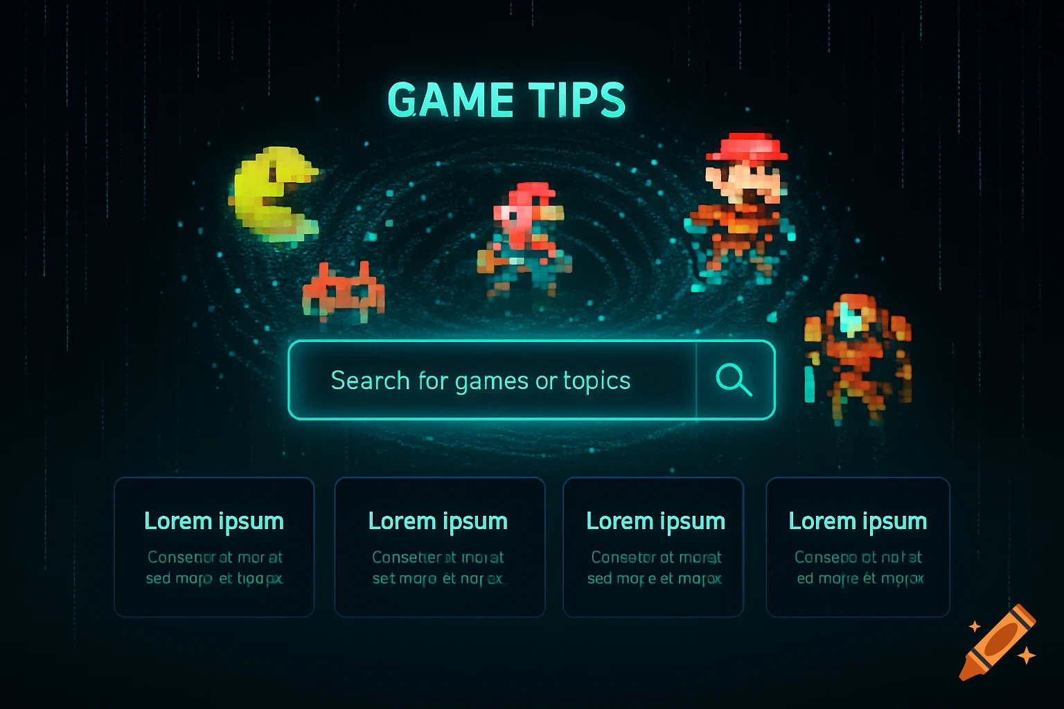 A pixel art inspired video game tip site UI. Features classic pixel characters, a search bar, 'GAME TIPS' header, and four content boxes.