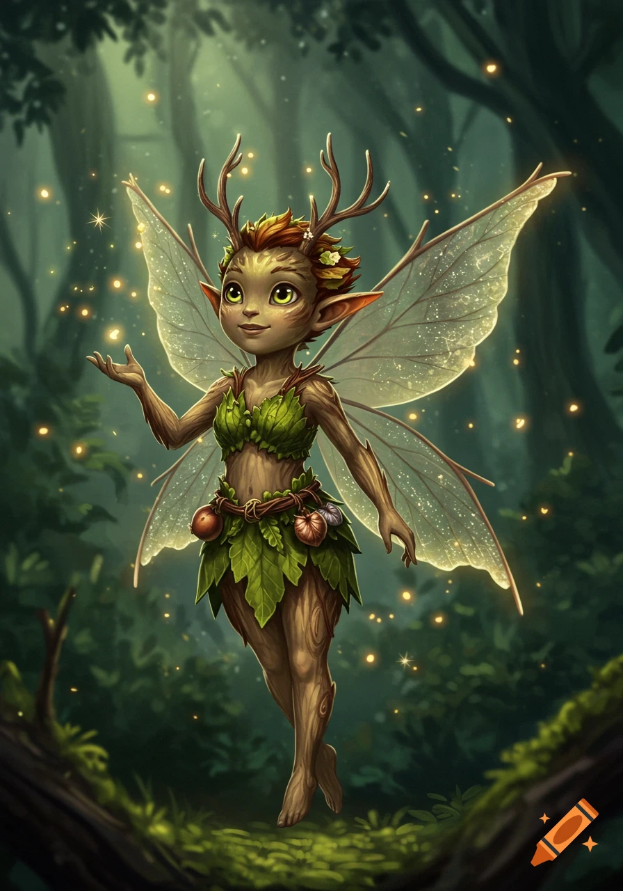 A small, enchanting fairy with twig antlers and translucent wings, wearing leaf clothing, stands in a mystical glowing forest.