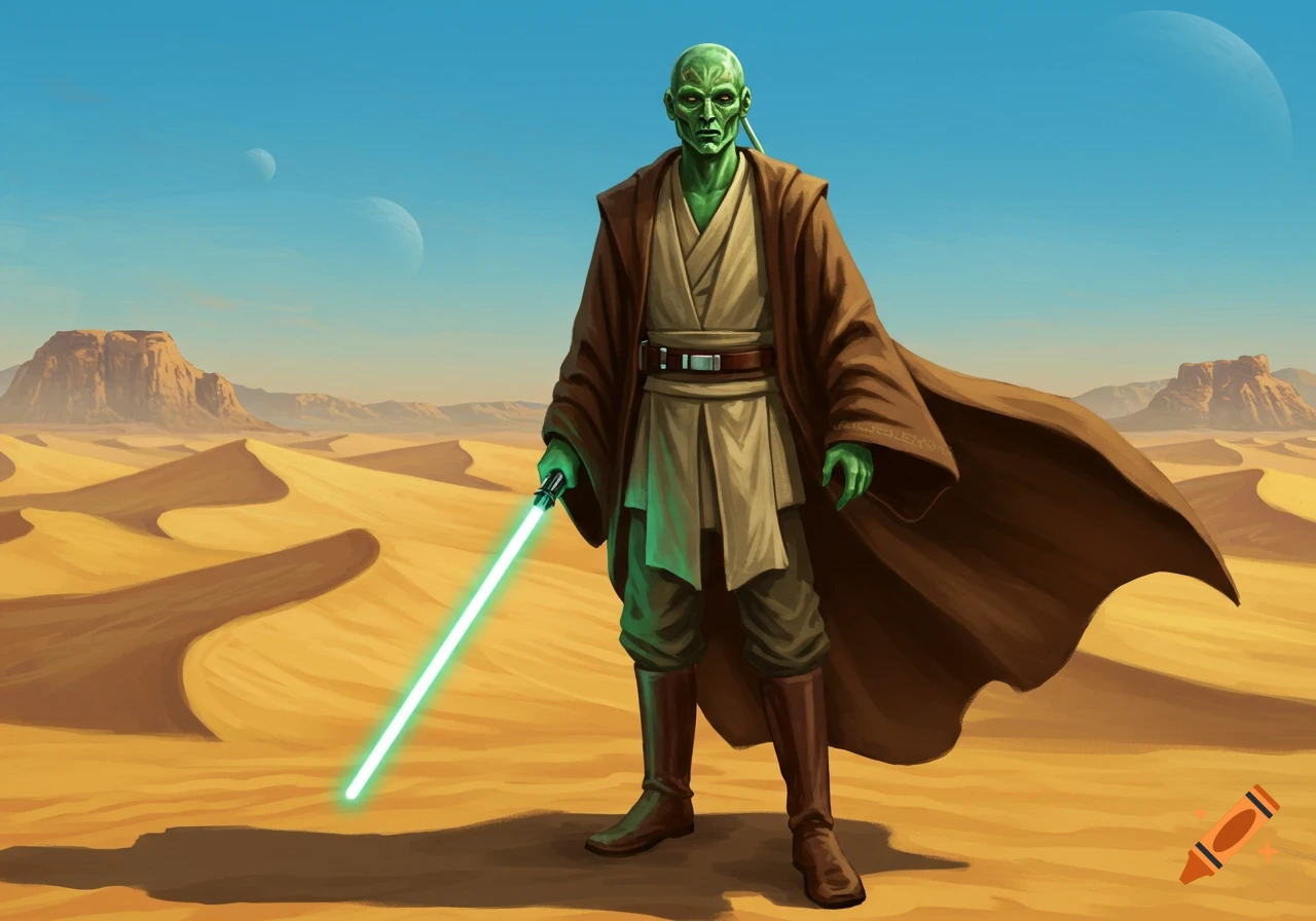A green-skinned alien Jedi in desert robes holds a green lightsaber on sand dunes under a blue sky with two moons.