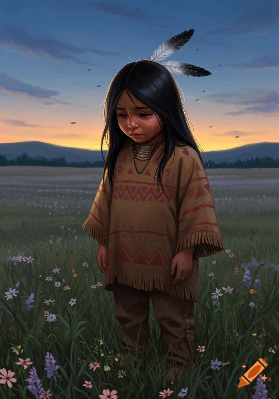 Sad Native American child with feathers in long black hair, crying in a field of wildflowers at sunset. Illustration.