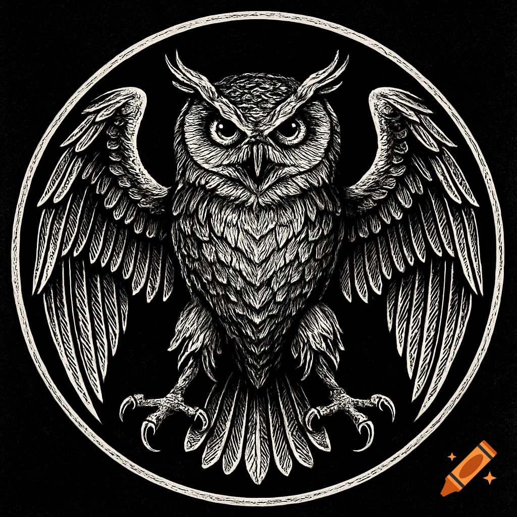 Black and white illustration of an owl with outstretched wings in a crest-like style, centered in a circular frame.