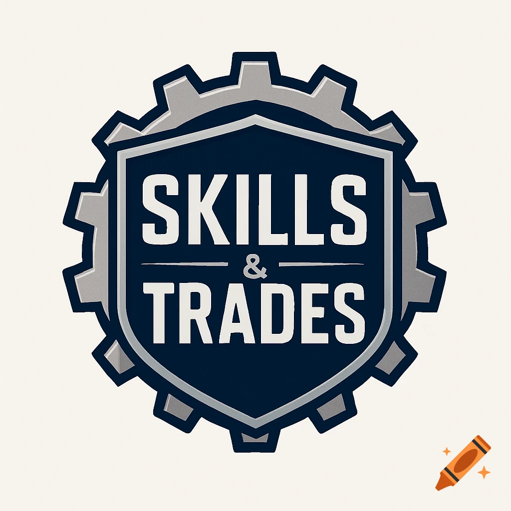 A business logo for Skills & Trades, featuring white text on a blue shield surrounded by a gray gear.