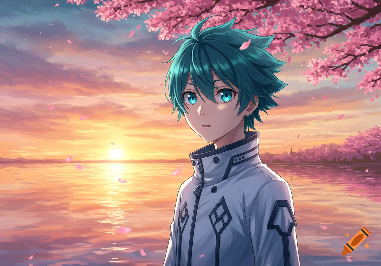 An anime boy with teal hair and glowing blue eyes stands by a lake at sunset, with pink cherry blossoms in the foreground.