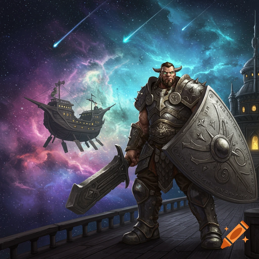 A heavily armored barbarian with a large shield and sword stands on a ship's deck under a cosmic sky with a flying spelljammer and shooting stars, digital painting.