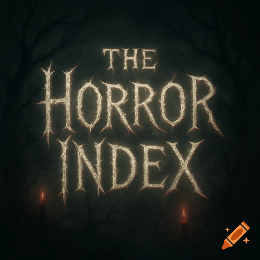 Dark horror-themed logo with thorny, glowing text 'THE HORROR INDEX' and two small flickering candles.