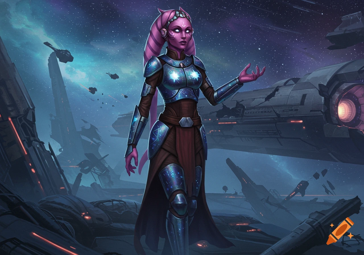 Purple-skinned alien woman with pink lekku in futuristic armor stands in a cosmic landscape with spaceships.