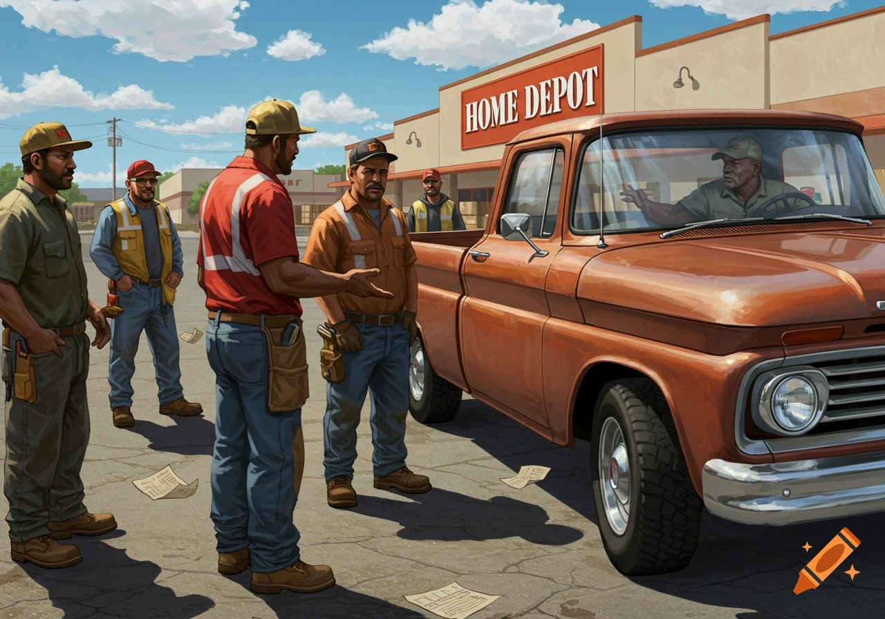 Illustrated scene of construction workers talking in a Home Depot parking lot next to an orange pickup truck.