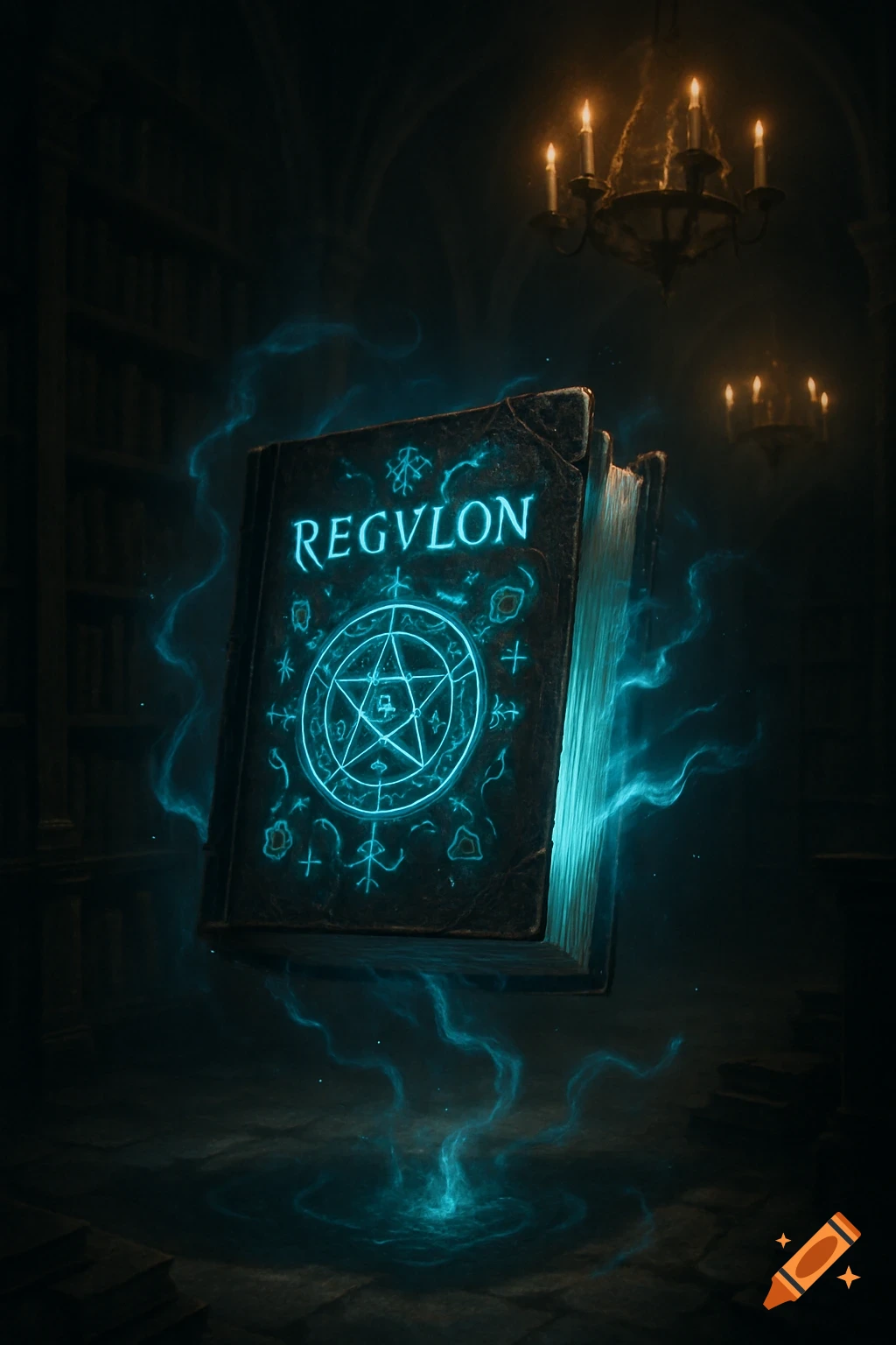 A dark, ancient book titled "REGVLON" with glowing blue symbols and pages floats in a dimly lit library with chandeliers.