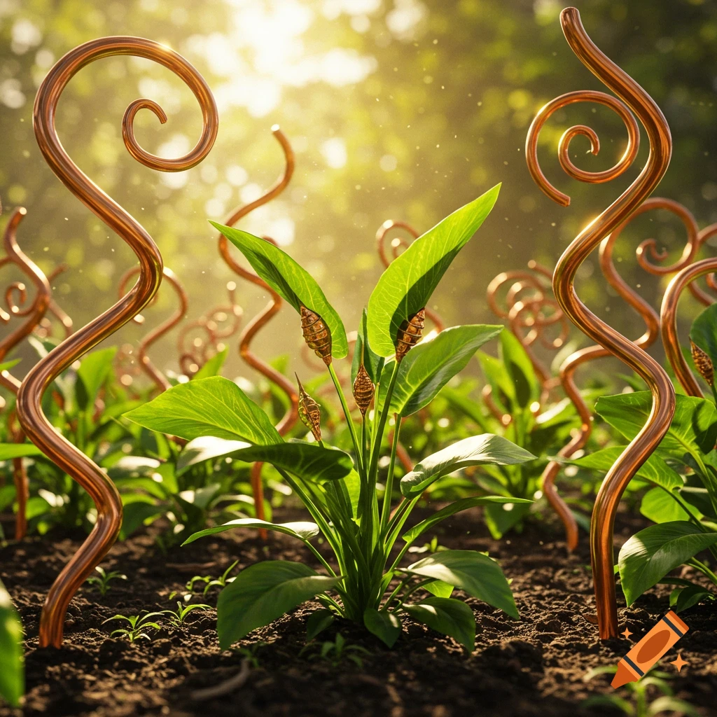 Lush green plants grow in dark soil with glowing copper spiral structures under bright sunlight in a blurred forest background.