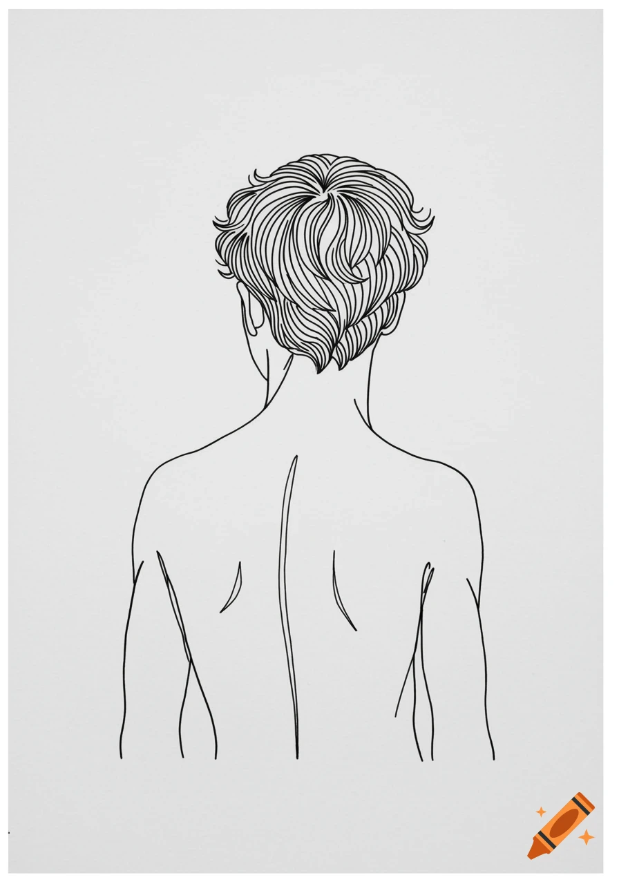 Minimalist line art drawing of a person's back, shoulders, and curly hair, seen from behind on a white background.
