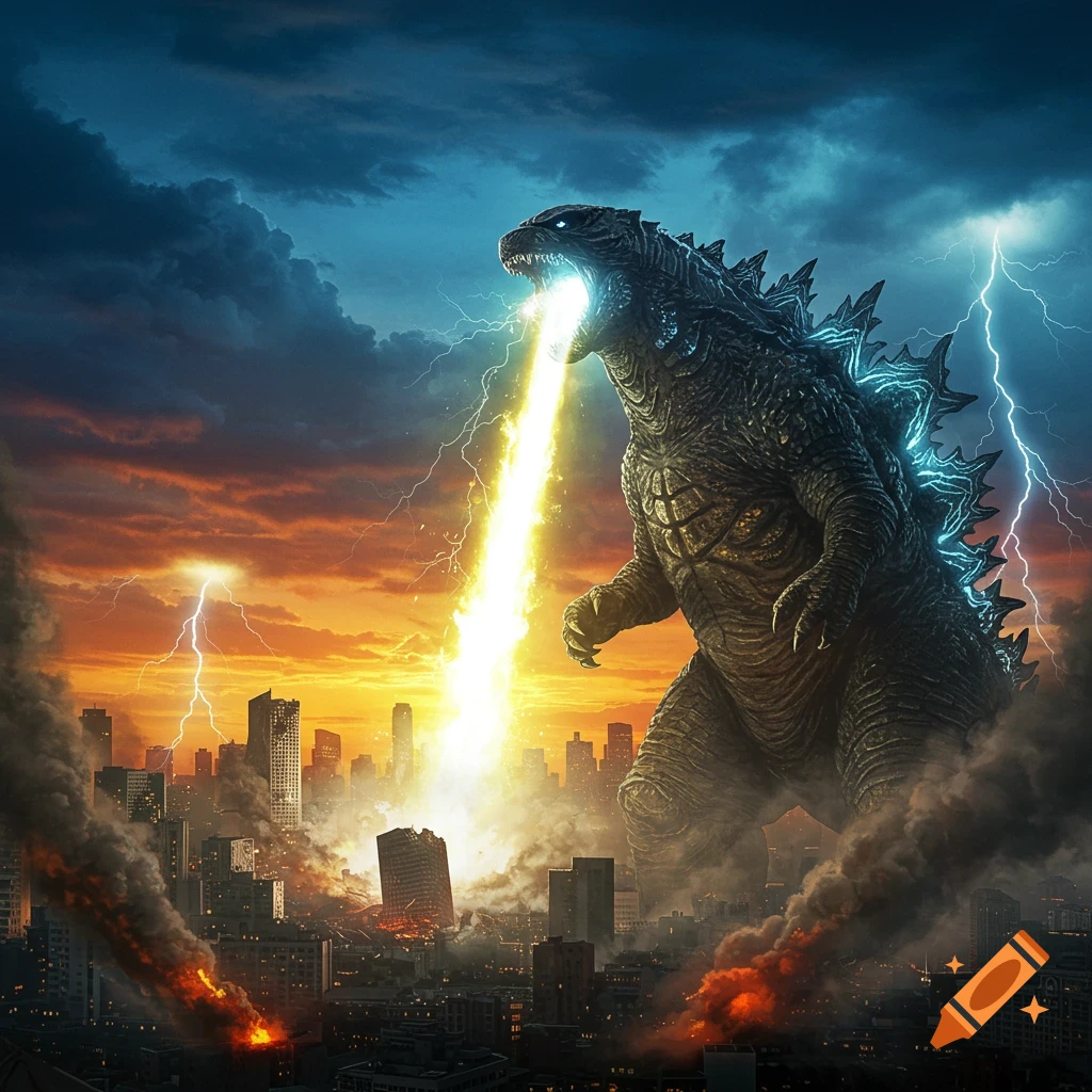 Godzilla fires a powerful heat ray across a city at sunset, surrounded by lightning and destruction.