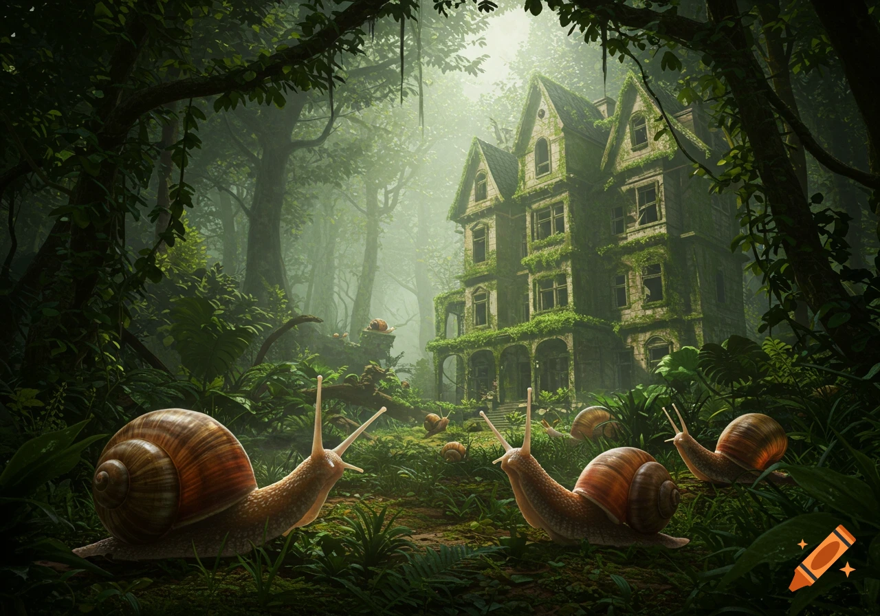 Photorealistic image of giant snails in a lush rainforest, with an overgrown, abandoned mansion in the background.