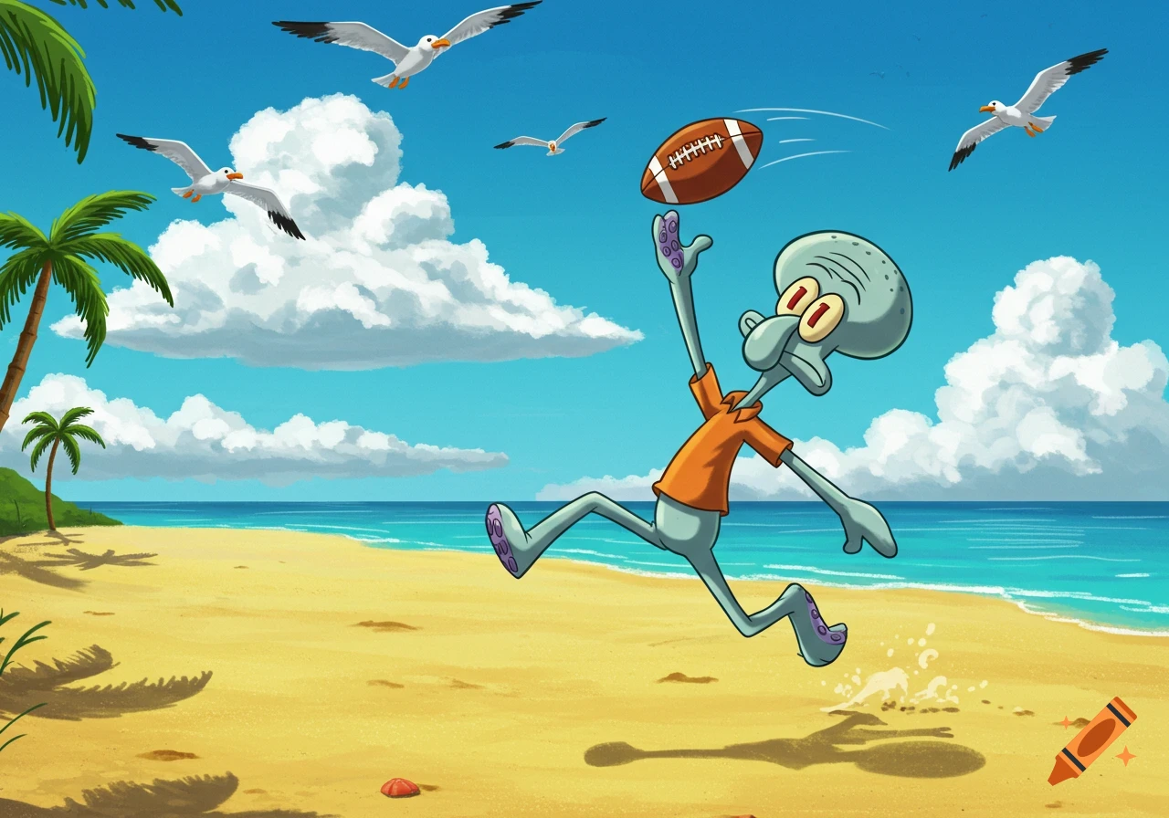 Cartoon Squidward from Spongebob Squarepants runs on a sunny beach, reaching up to catch an American football.