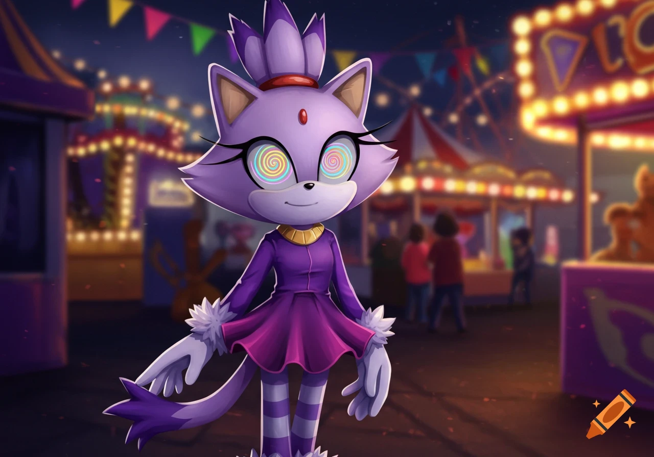 Blaze the Cat, a purple anthropomorphic cat, stands in a vibrant, blurry night-time carnival with spiral rainbow eyes, wearing a purple dress and striped stockings.