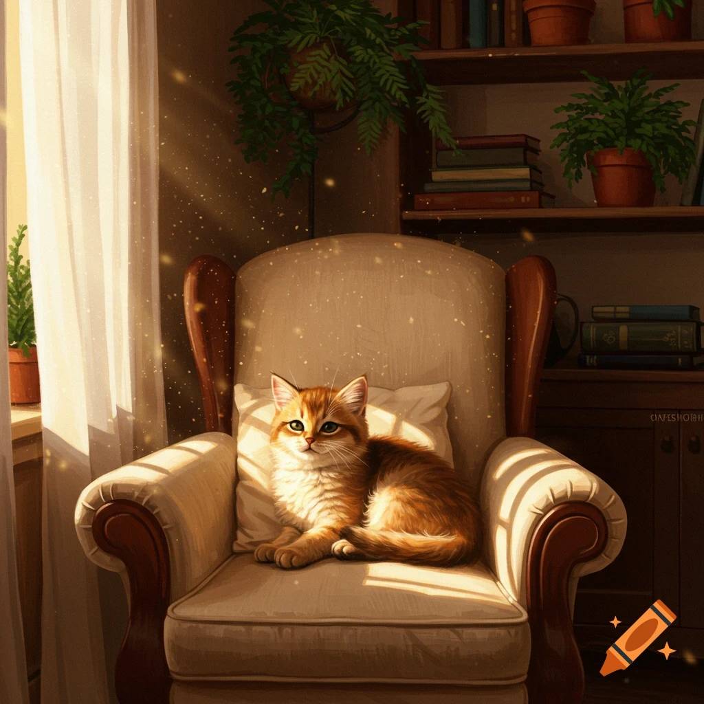 Golden-brown kitten on a cream armchair in a sunlit room with bookshelves and plants, artistic style.